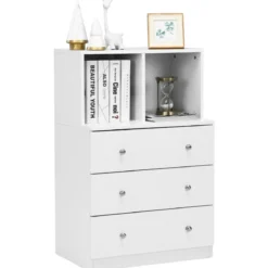 Kommode mit 3 Schubladen & 2 Fächern Sideboard aus Holz mit Kippsicherung 60 x 40 x 94 cm Weiß