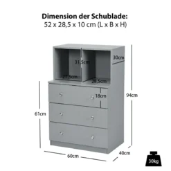 Kommode mit 3 Schubladen & 2 Fächern Sideboard aus Holz mit Kippsicherung 60 x 40 x 94 cm Grau