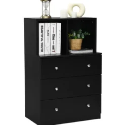 Kommode mit 3 Schubladen & 2 Fächern Sideboard aus Holz mit Kippsicherung 60 x 40 x 94 cm Schwarz