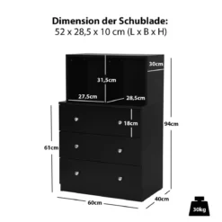 Kommode mit 3 Schubladen & 2 Fächern Sideboard aus Holz mit Kippsicherung 60 x 40 x 94 cm Schwarz
