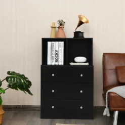 Kommode mit 3 Schubladen & 2 Fächern Sideboard aus Holz mit Kippsicherung 60 x 40 x 94 cm Schwarz