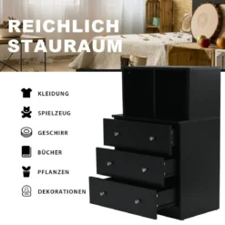 Kommode mit 3 Schubladen & 2 Fächern Sideboard aus Holz mit Kippsicherung 60 x 40 x 94 cm Schwarz