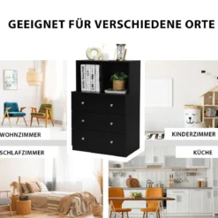 Kommode mit 3 Schubladen & 2 Fächern Sideboard aus Holz mit Kippsicherung 60 x 40 x 94 cm Schwarz