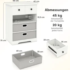 Kommode mit 4 Schubladen Kommodenschrank mit offenen Regalen Nachttisch Aufbewahrungskommode 58 x 42 x 75 cm Weiß