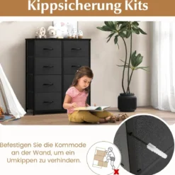 Kommode mit 8 Schubladen & Metallgestell & Tischplatte Stoffkommode 80 x 30 x 92 cm Grau