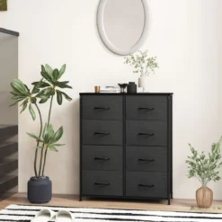 Kommode mit 8 Schubladen & Metallgestell & Tischplatte Stoffkommode 80 x 30 x 92 cm Grau