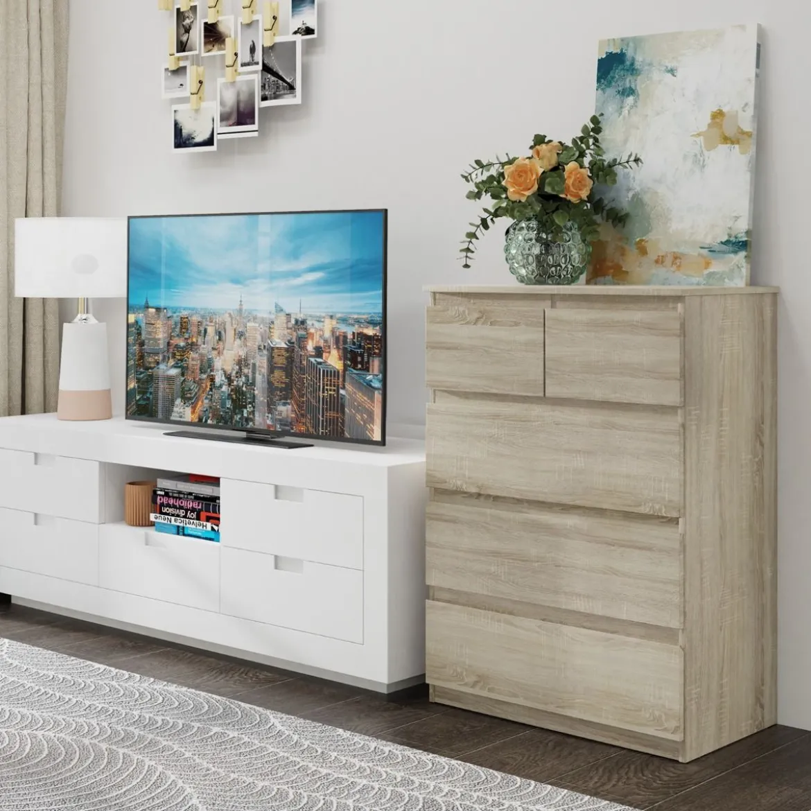 Kommode mit 5 Schubladen & Metallgleitschienen Nachttisch platzsparendes Design einfache Montage Braun