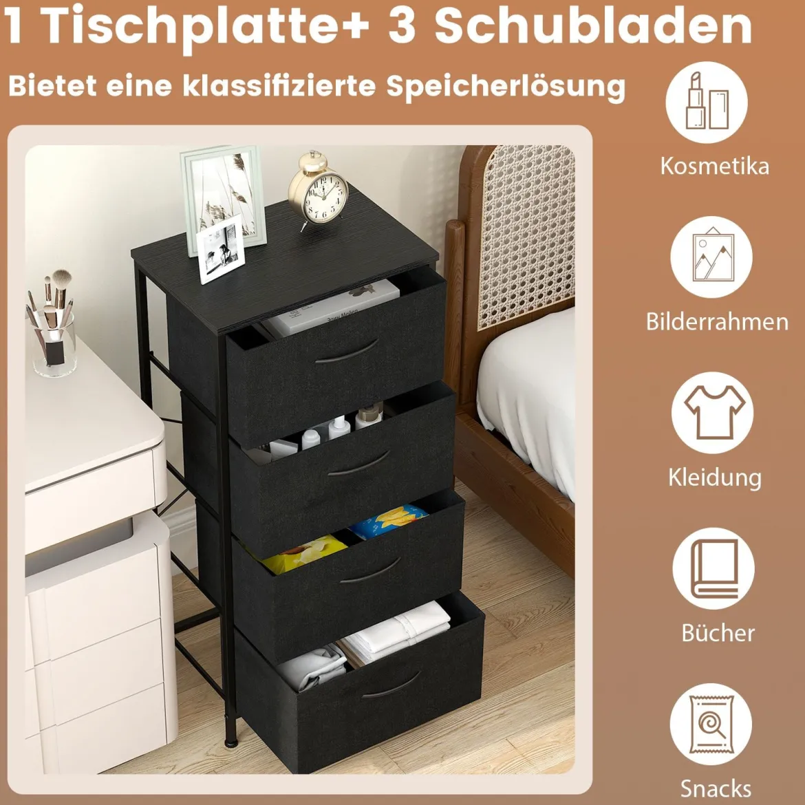 Kommode mit 4 Schubladen Schubladenschrank mit Holzplatte Sideboard mit robuster Metallrahmen Schwarz
