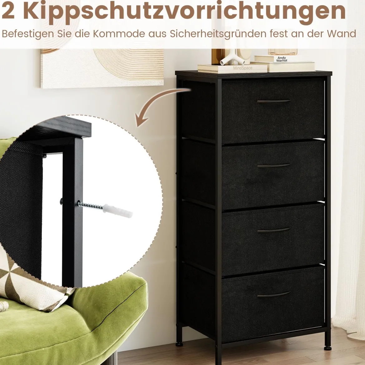 Kommode mit 4 Schubladen Schubladenschrank mit Holzplatte Sideboard mit robuster Metallrahmen Schwarz