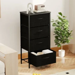 Kommode mit 4 Schubladen Schubladenschrank mit Holzplatte Sideboard mit robuster Metallrahmen Schwarz