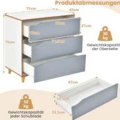 Kommode mit Schubladen Sideboard Holz Schubladenschrank für Schlafzimmer 75 x 42 x 75 cm Grau