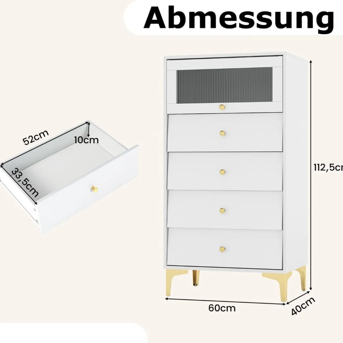 Kommode mit 4 Schubladen Sideboard mit hochklappbarer Glastür Weiß