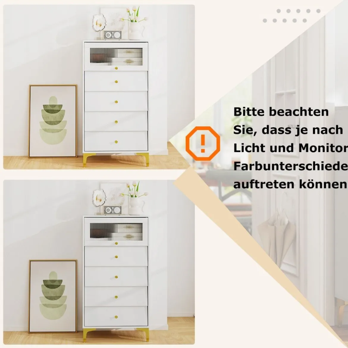 Kommode mit 4 Schubladen Sideboard mit hochklappbarer Glastür Weiß