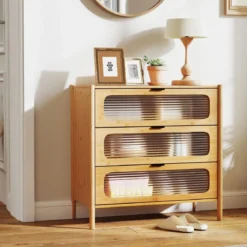 Kommode mit 3 Schubladen Sideboard aus Bambus & Gehärtetes Glas Natur 80 x 40 x 78,5 cm