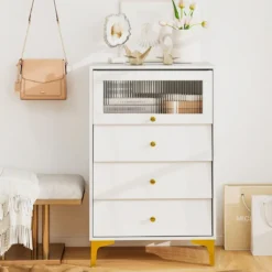 Kommode mit 3 Schubladen Sideboard mit hochklappbarer Glastür Aufbewahrungsschrank Weiß