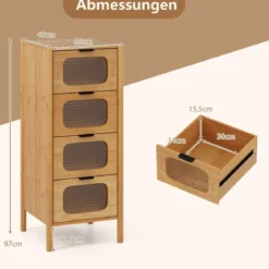 Kommode mit 4 Schubladen Sideboard aus Bambus & Gehärtetes Glas Natur 40 x 40 x 97 cm
