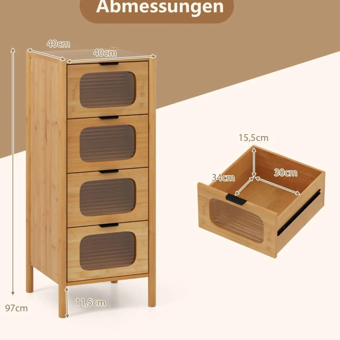 Kommode mit 4 Schubladen Sideboard aus Bambus & Gehärtetes Glas Natur 40 x 40 x 97 cm