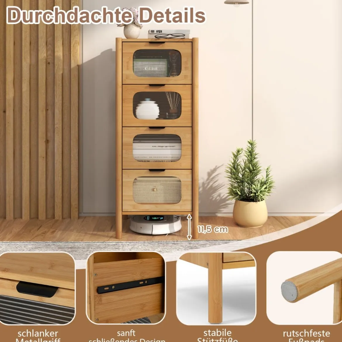 Kommode mit 4 Schubladen Sideboard aus Bambus & Gehärtetes Glas Natur 40 x 40 x 97 cm
