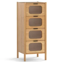 Kommode mit 4 Schubladen Sideboard aus Bambus & Gehärtetes Glas Natur 40 x 40 x 97 cm