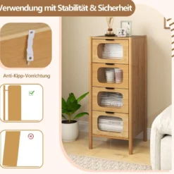 Kommode mit 4 Schubladen Sideboard aus Bambus & Gehärtetes Glas Natur 40 x 40 x 97 cm