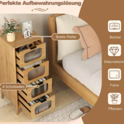 Kommode mit 4 Schubladen Sideboard aus Bambus & Gehärtetes Glas Natur 40 x 40 x 97 cm