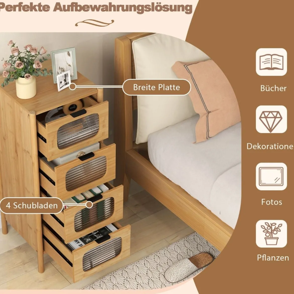 Kommode mit 4 Schubladen Sideboard aus Bambus & Gehärtetes Glas Natur 40 x 40 x 97 cm