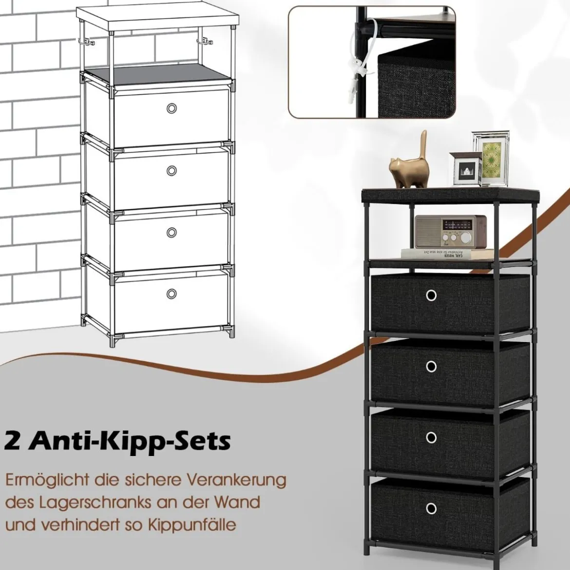 Kommode mit 4 Schubladen Stoffkommode mit Holzplatte Ablage klappbaren Stoffschubladen