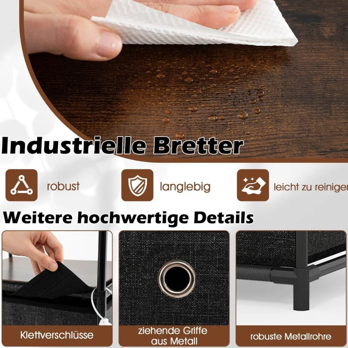 Kommode mit 4 Schubladen Stoffkommode mit Holzplatte Ablage klappbaren Stoffschubladen