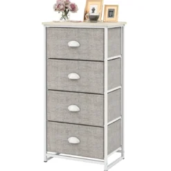 Kommode mit 4 Schubladen Stoffkommode mit Metallgestell & Tischplatte 45 x 30 x 94 cm
