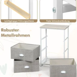 Kommode mit 3 Schubladen Stoffkommode mit Metallgestell & Tischplatte 45 x 30 x 73 cm Weiß + Hellgrau