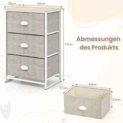 Kommode mit 3 Schubladen Stoffkommode mit Metallgestell & Tischplatte 45 x 30 x 73 cm Weiß + Hellgrau