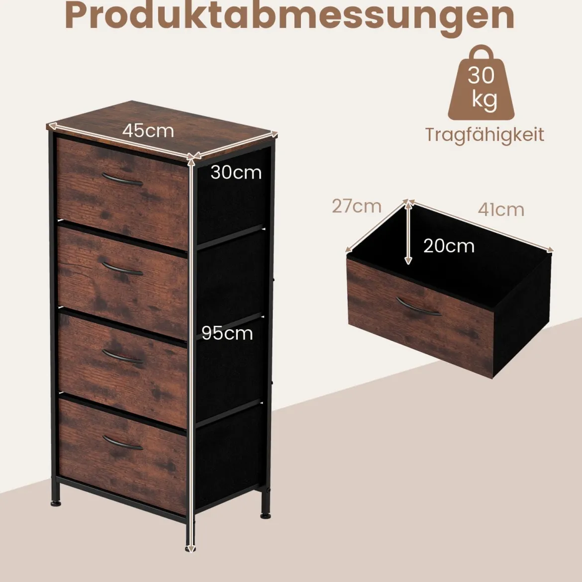 Kommode mit 4 Stoff Schubladen & Holzplatte & Metallrahmen Schubladenschrank Braun