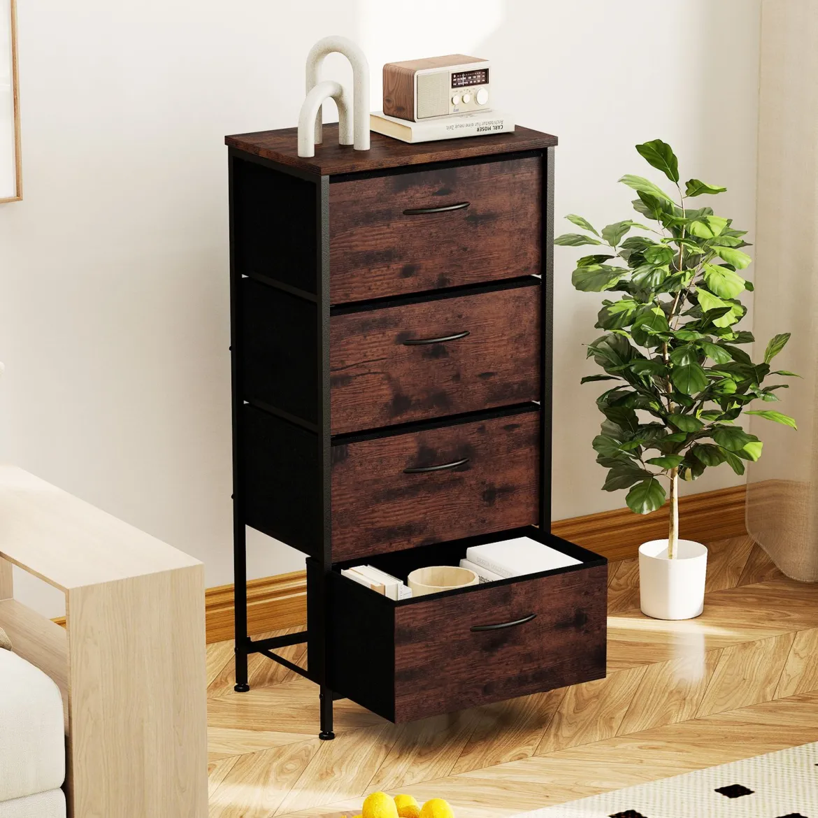 Kommode mit 4 Stoff Schubladen & Holzplatte & Metallrahmen Schubladenschrank Braun