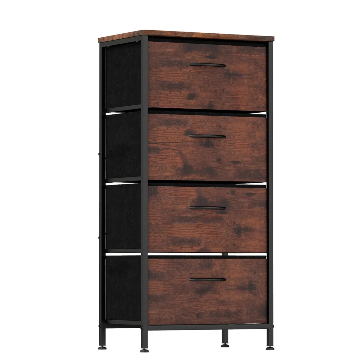 Kommode mit 4 Stoff Schubladen & Holzplatte & Metallrahmen Schubladenschrank Braun