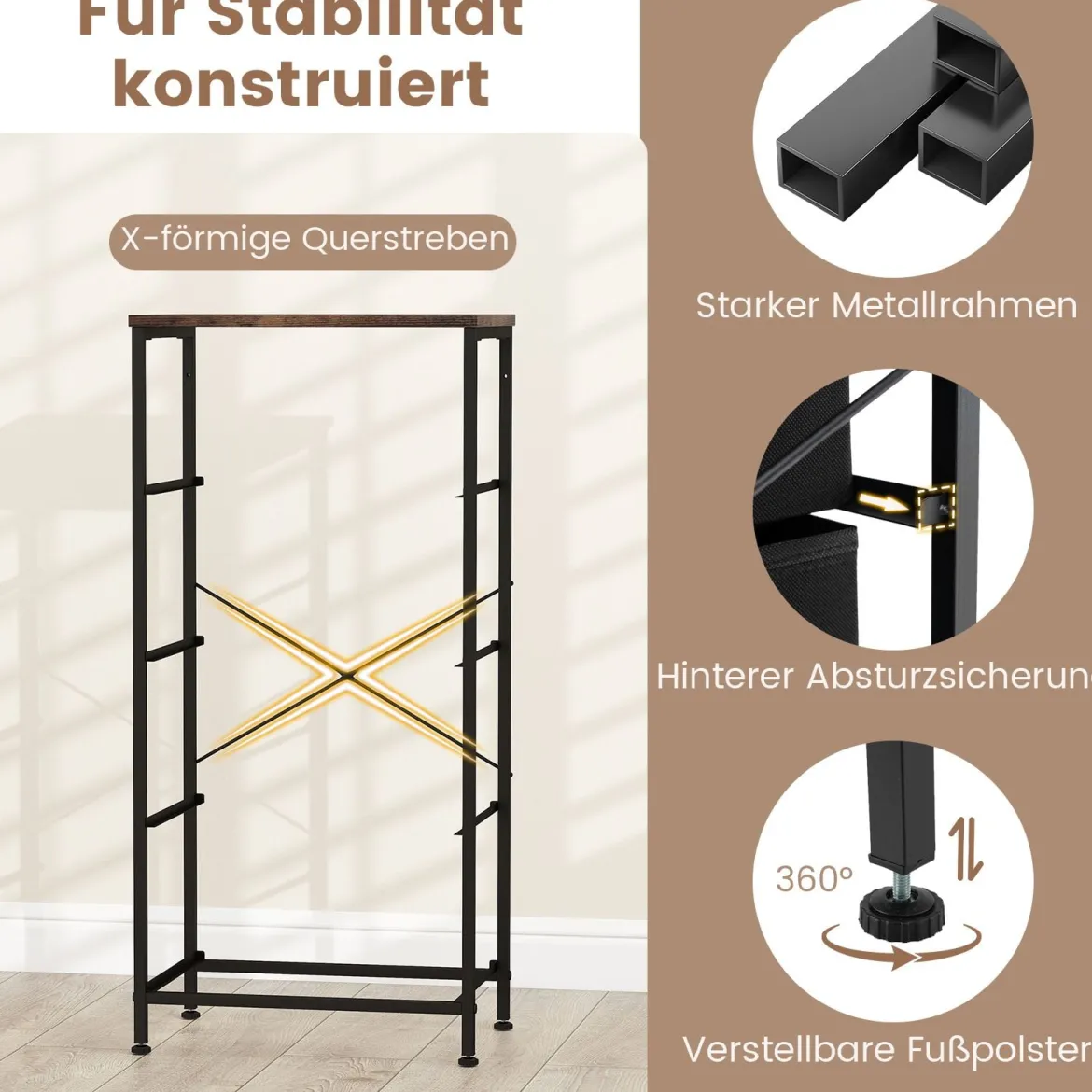Kommode mit 4 Stoff Schubladen & Holzplatte & Metallrahmen Schubladenschrank Braun