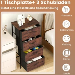 Kommode mit 4 Stoff Schubladen & Holzplatte & Metallrahmen Schubladenschrank Braun
