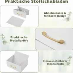 Kommode mit 4 Stoff Schubladen Schubladenschrank mit Metallrahmen Weiß + Gold