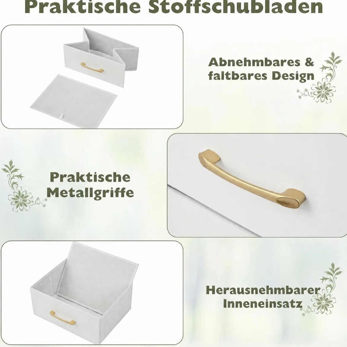 Kommode mit 4 Stoff Schubladen Schubladenschrank mit Metallrahmen Weiß + Gold