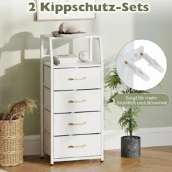 Kommode mit 4 Stoff Schubladen Schubladenschrank mit Metallrahmen Weiß + Gold