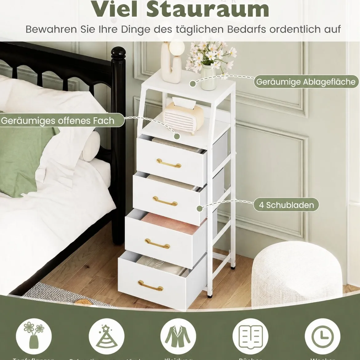 Kommode mit 4 Stoff Schubladen Schubladenschrank mit Metallrahmen Weiß + Gold