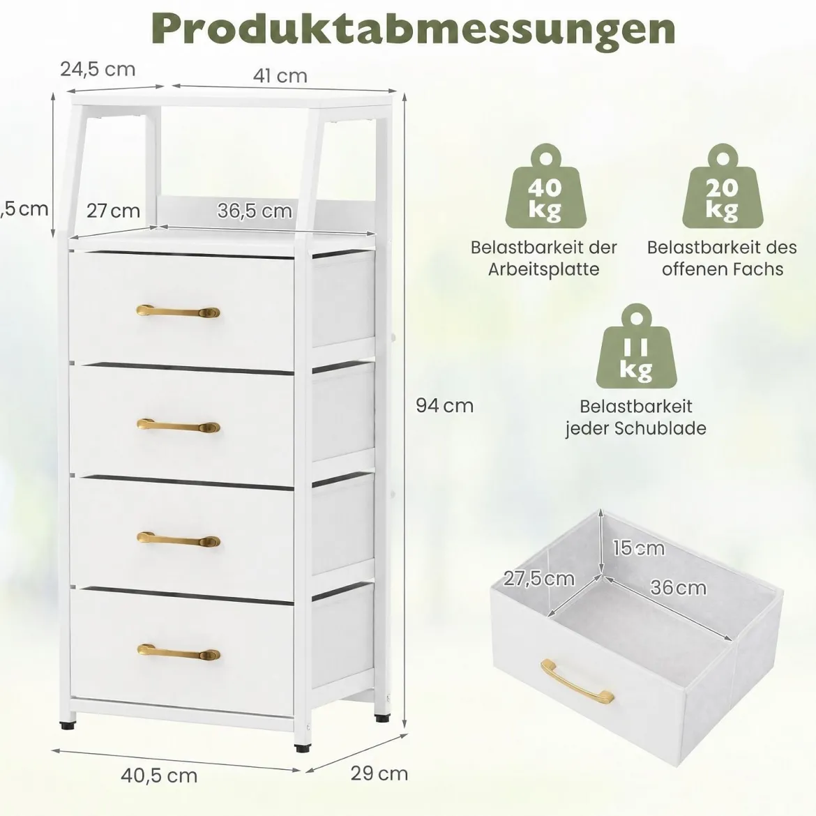 Kommode mit 4 Stoff Schubladen Schubladenschrank mit Metallrahmen Weiß + Gold