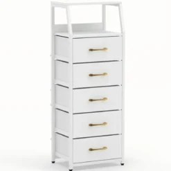 Kommode mit 5 Stoff Schubladen Schubladenschrank mit Metallrahmen Weiß + Gold