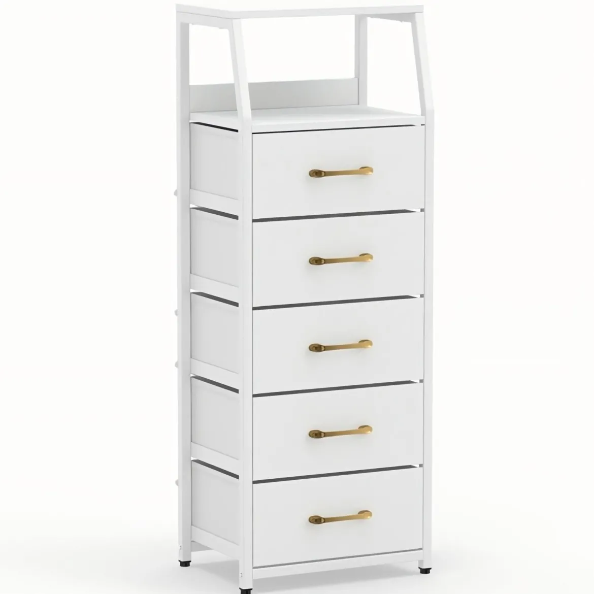 Kommode mit 5 Stoff Schubladen Schubladenschrank mit Metallrahmen Weiß + Gold
