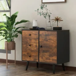 Kommode mit Tür & 3 Schubladen & Verstellbarem Regal & Kippschutz Sideboard 73 x 40 x 76,5 cm