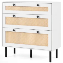 Kommode Schubladenschrank mit 3 Schubladen aus Rattan 75 x 35 x 77,5 cm Weiß