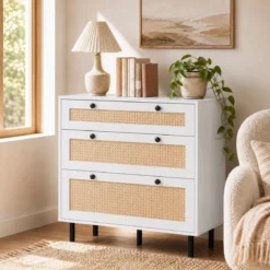 Kommode Schubladenschrank mit 3 Schubladen aus Rattan 75 x 35 x 77,5 cm Weiß