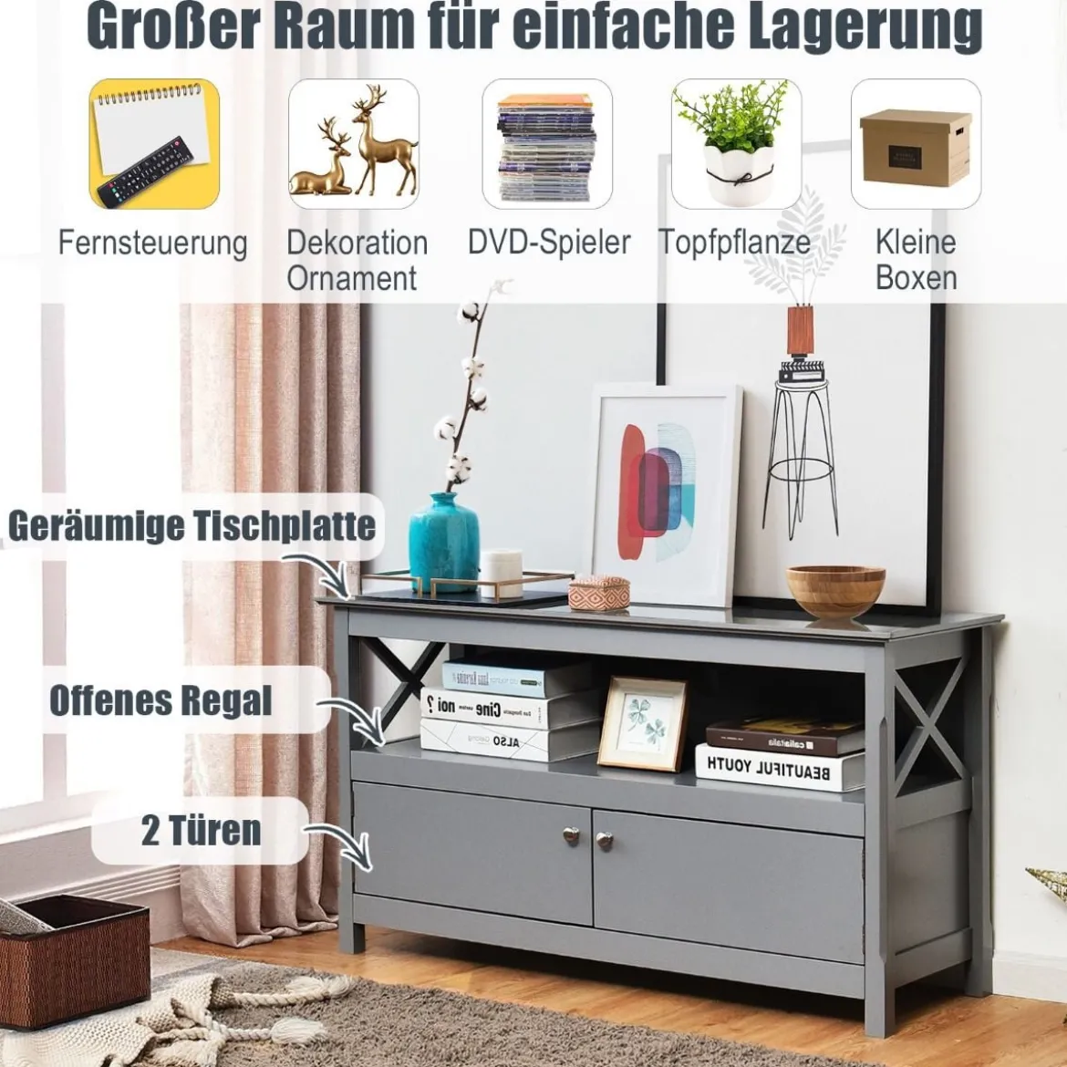 Kommode TV-Kommode für Fernseher 112 x 40 x 61 cm Grau