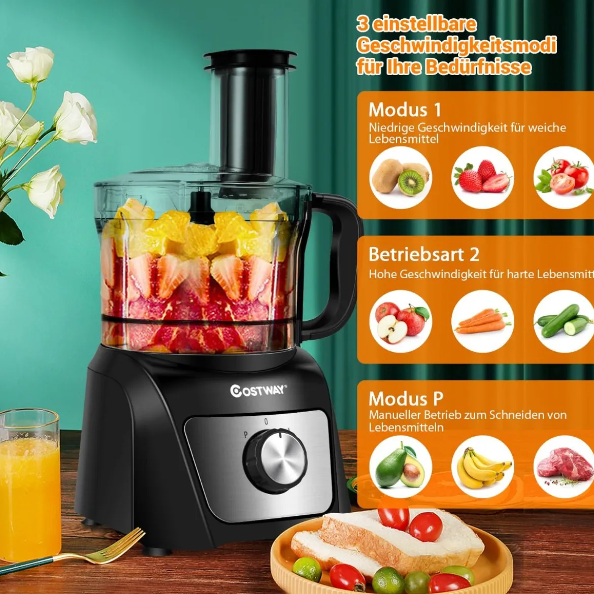 kompakte Küchenmaschine Standmixer Zerkleinerer 500W 1500ml ideal zum Zerkleinern Schneiden Schreddern Entsaften