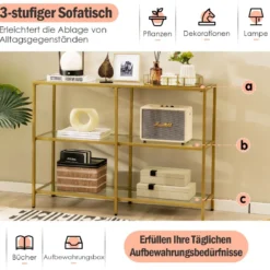 Konsolentisch aus Glas mit 3 Ebenen 100 cm langer Couchtisch Gold