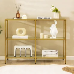 Konsolentisch aus Glas mit 3 Ebenen 100 cm langer Couchtisch Gold